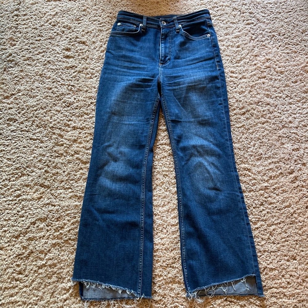 Rag & Bone Casey High Rise Ankle Flare Denim Jeans with Frayed Step Hem Sz 26